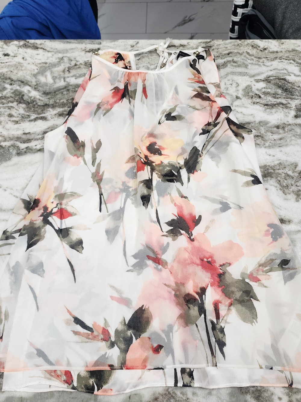 White House Black Market White Floral Sheer Shell with Pink and Green Accents